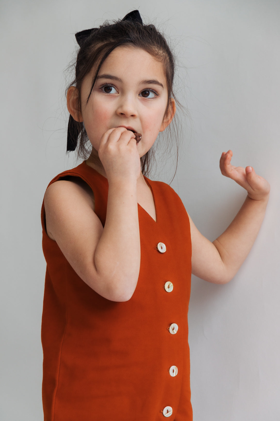 Burnt Orange rust sienna terracotta ginger color Kids Mini Jumpsuit overall workwear cotton canvas with pockets 5 buttons v-neck OEKO-TEX sustainable clothes handmade
