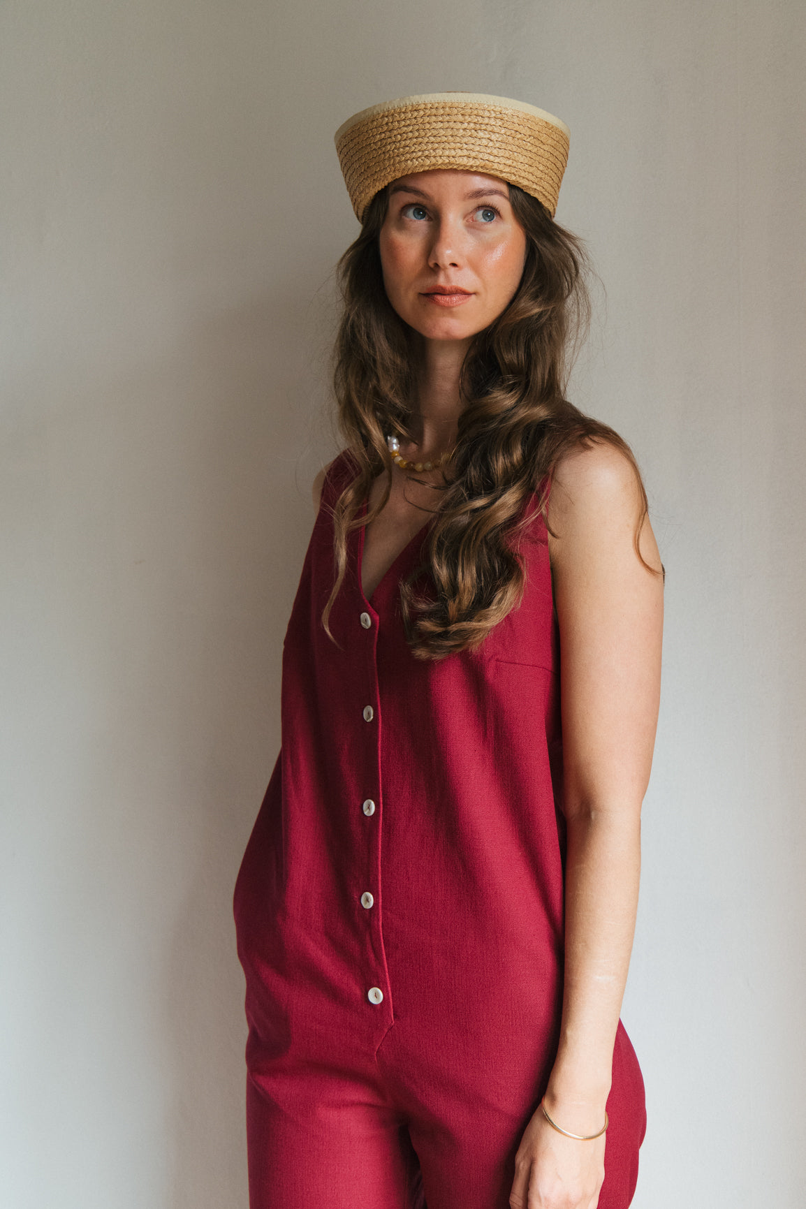 Linen Blend Jumpsuit - Burgundy