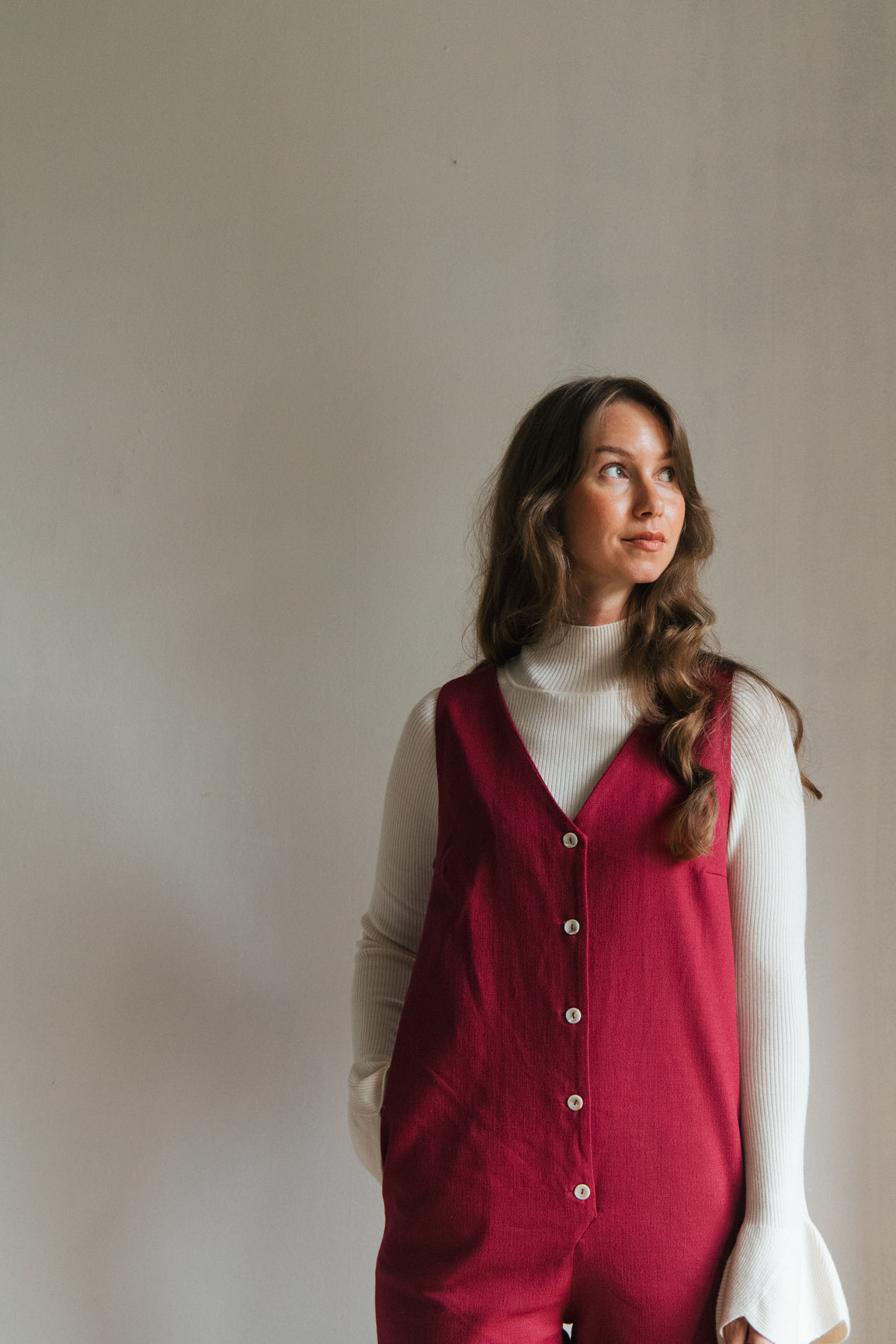 Linen Blend Jumpsuit - Burgundy