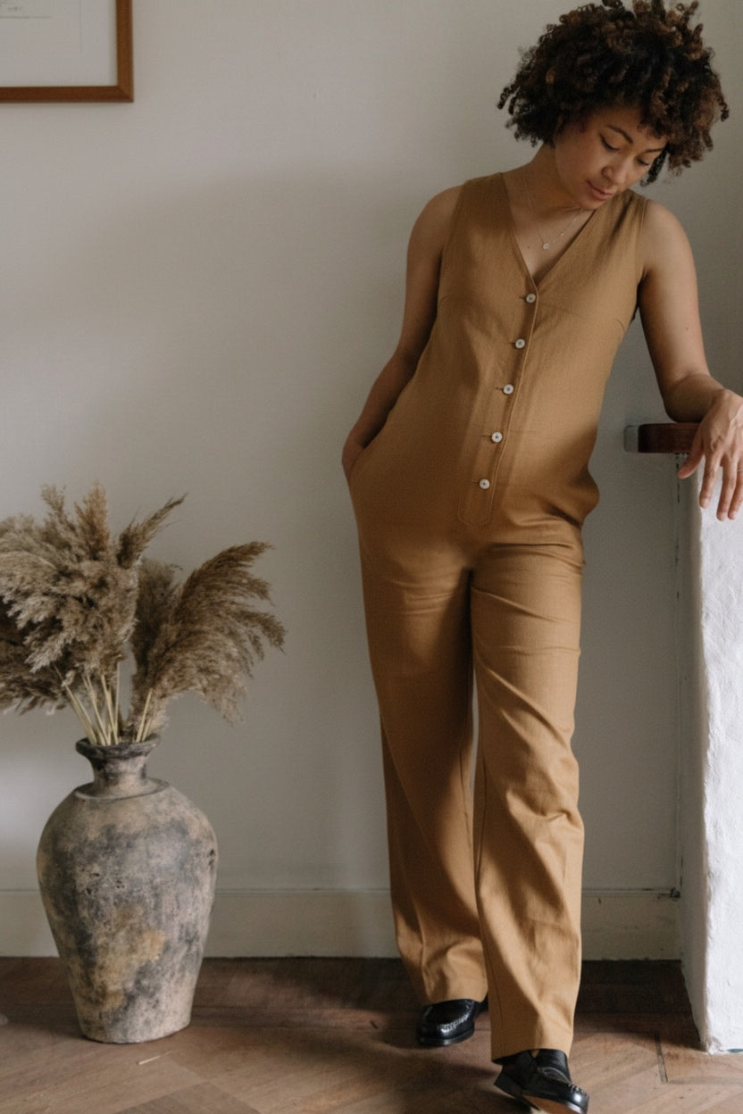 Linen Blend Jumpsuit - Mustard