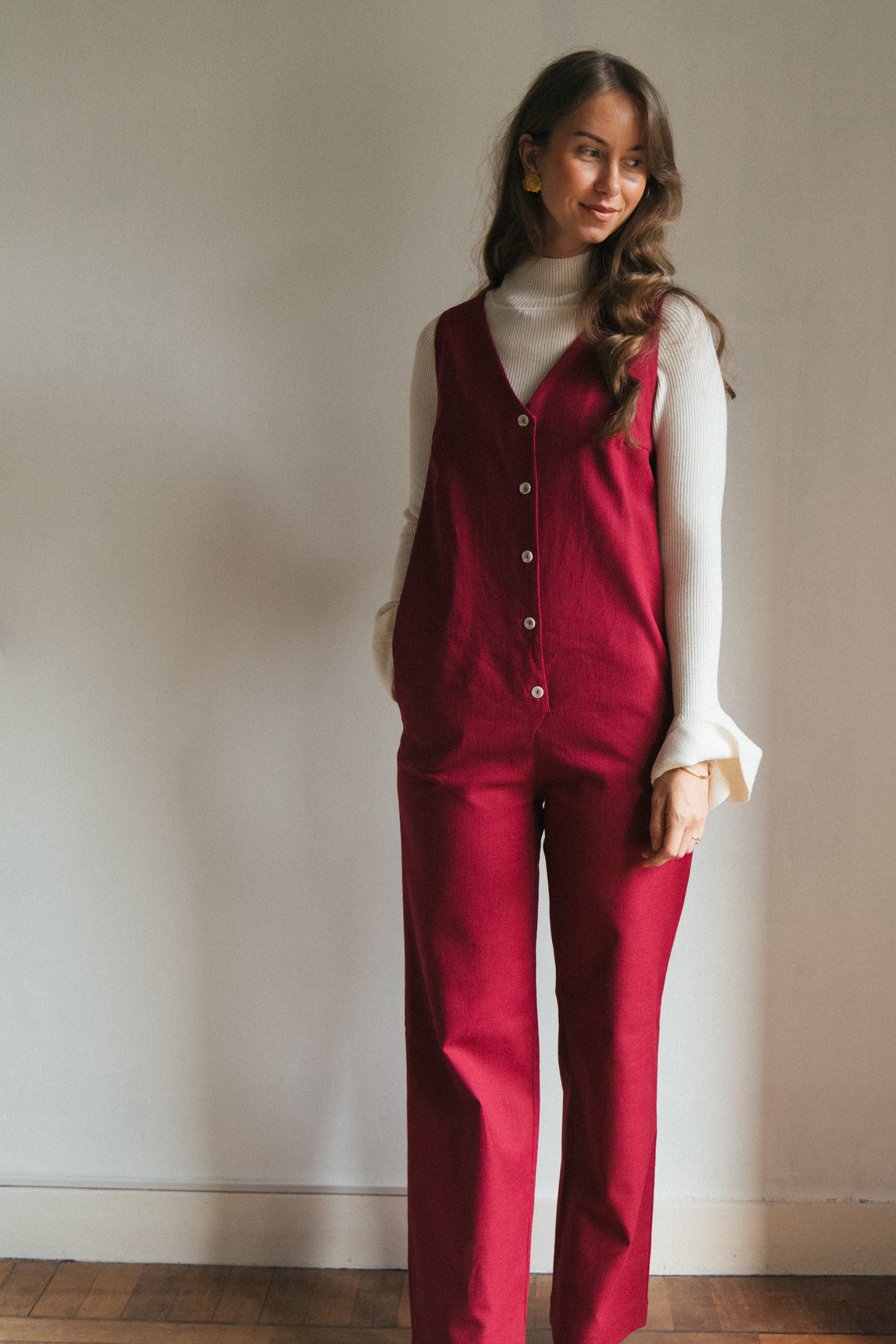 Linen Blend Jumpsuit - Burgundy