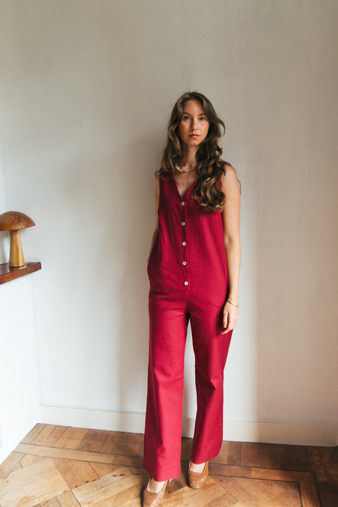 Linen Blend Jumpsuit - Burgundy