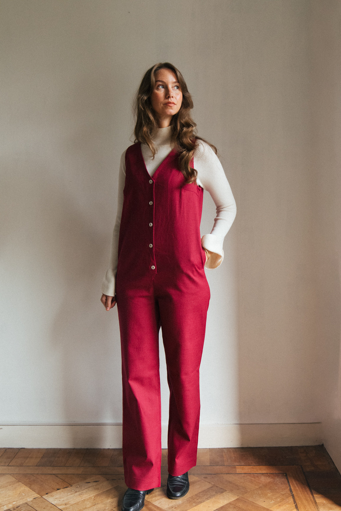 Linen Blend Jumpsuit - Burgundy