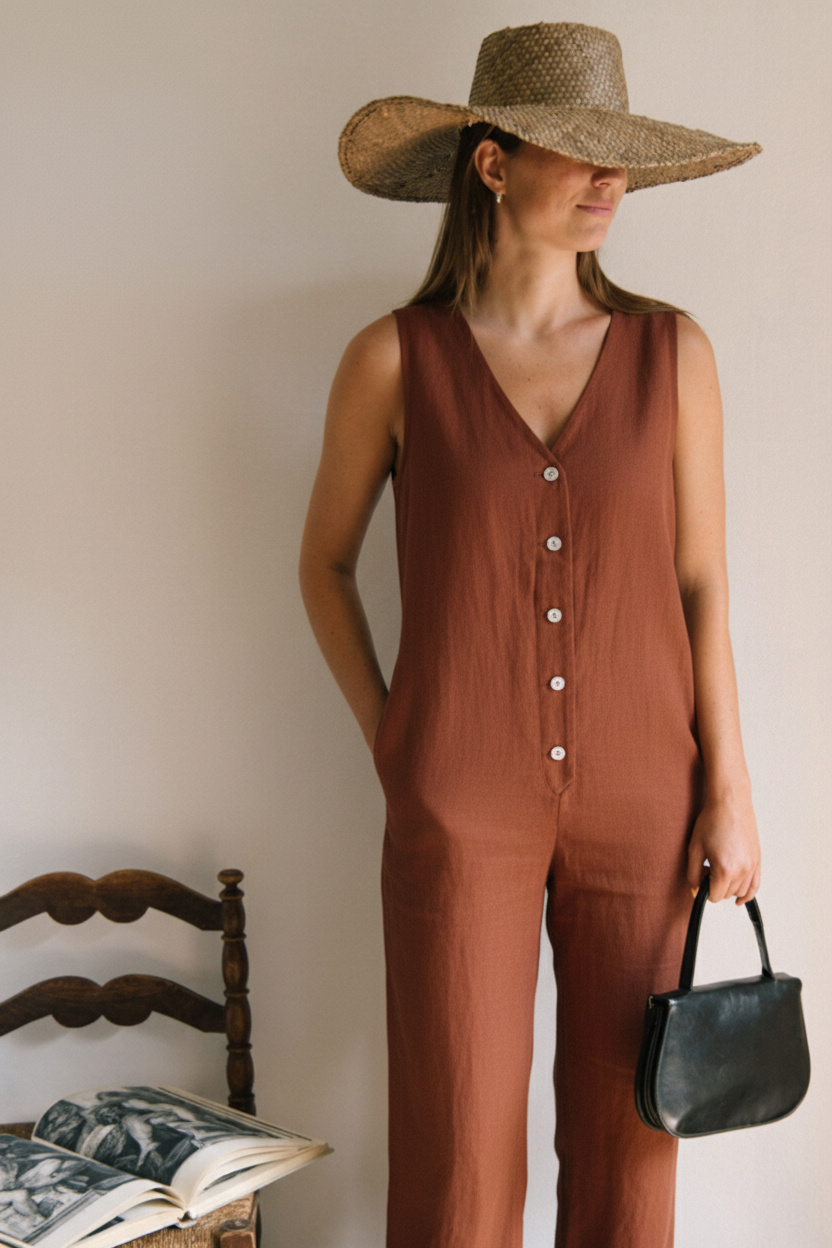 Linen Blend Jumpsuit - Burnt Orange