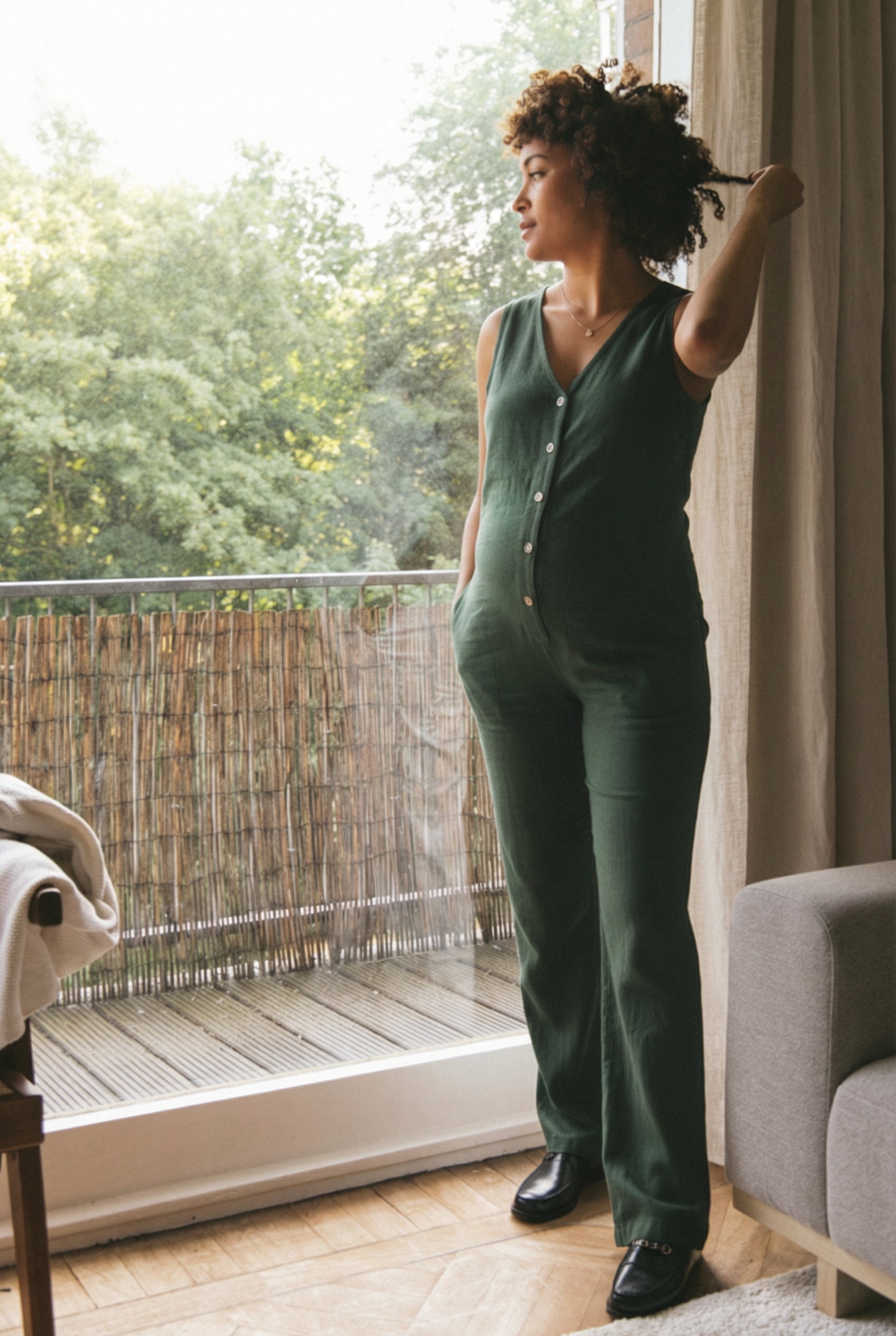 Linen Blend Jumpsuit - Emerald Green