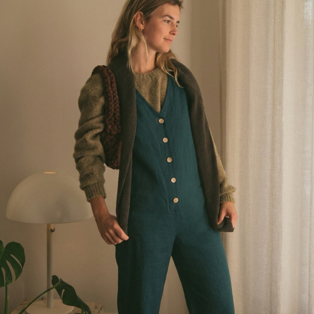 Linen Blend Jumpsuit - Emerald Green