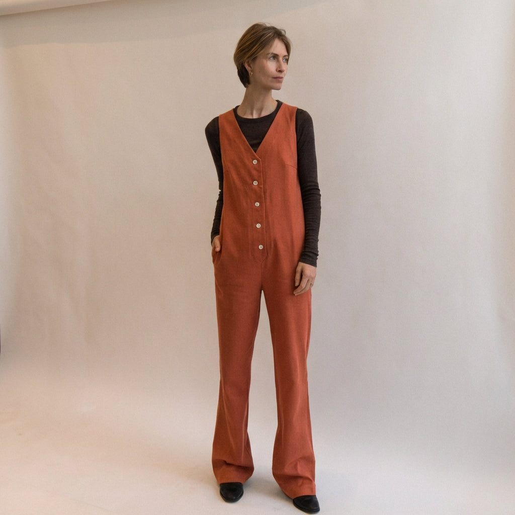 Linen Blend Jumpsuit - Burnt Orange