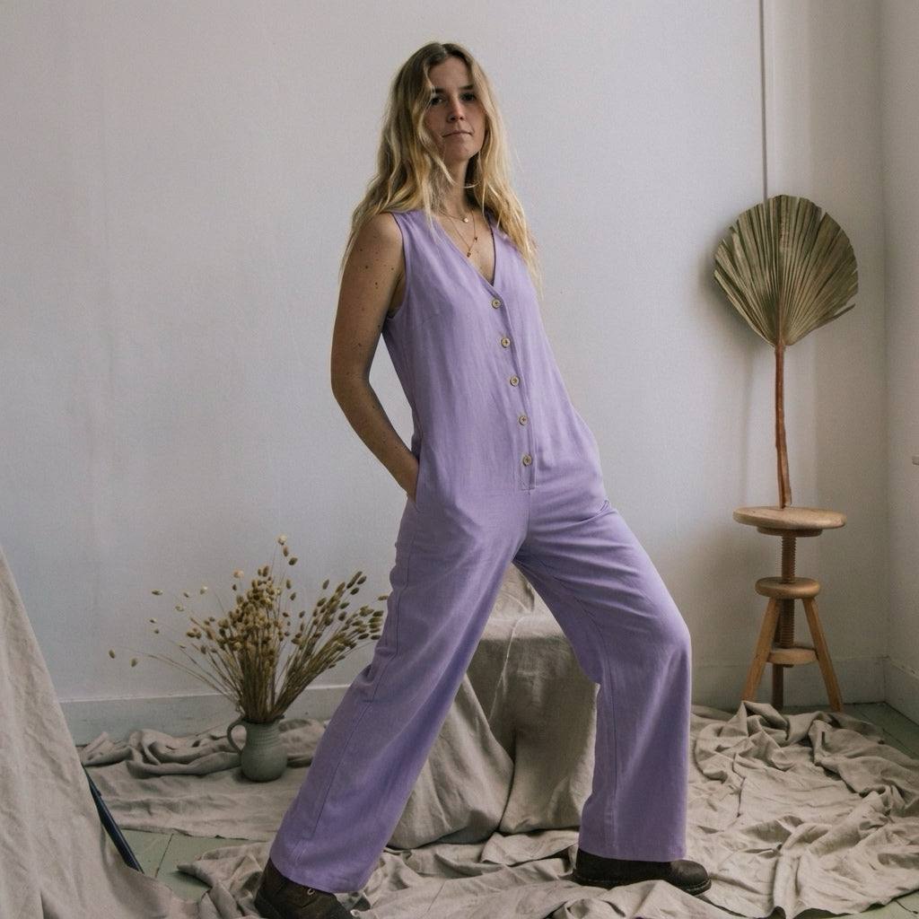 Linen Blend Jumpsuit - Lilac