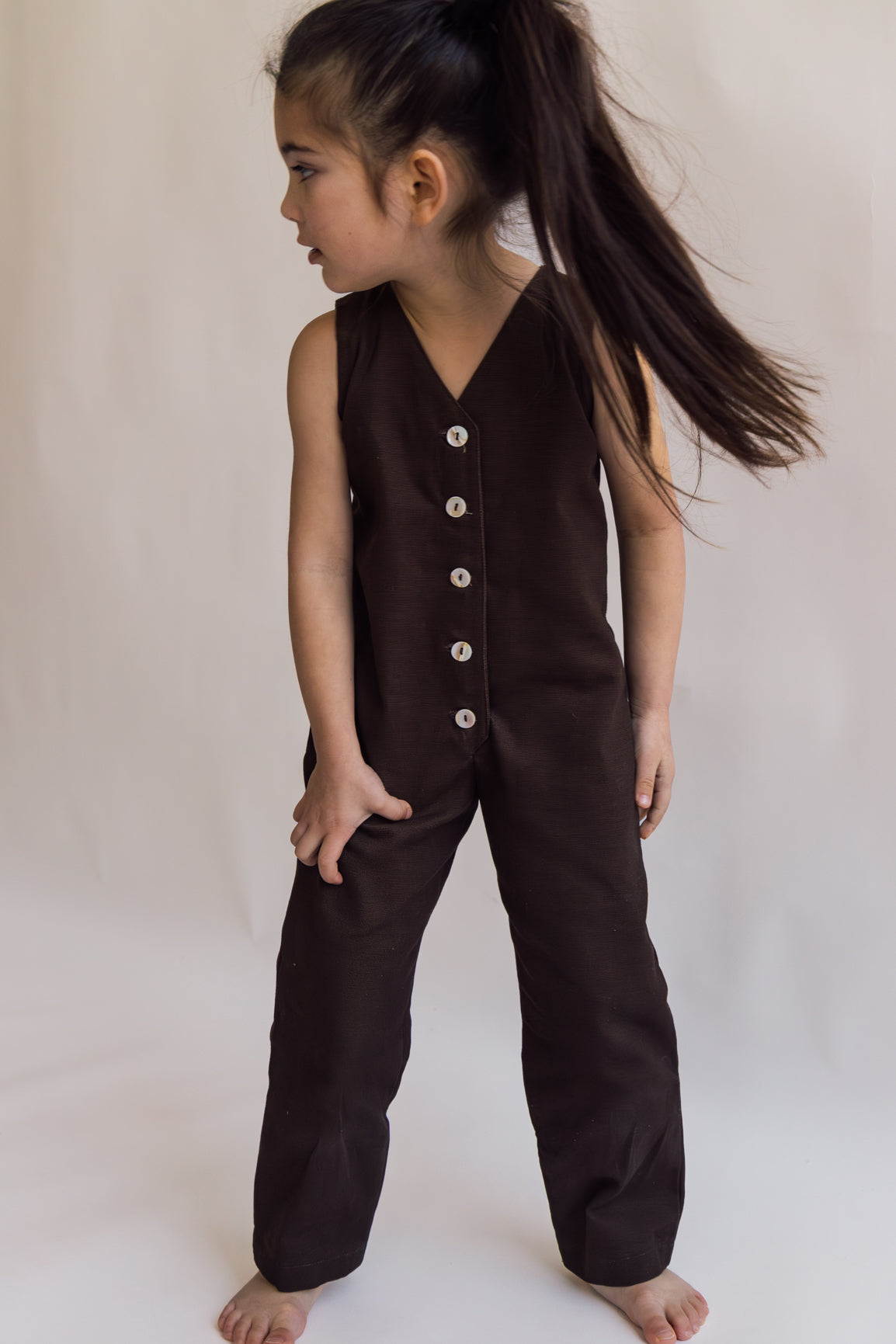 Dark Brown umber chocolate color Kids Mini Jumpsuit overall workwear cotton canvas 5 buttons v-neck OEKO-TEX sustainable clothes handmade