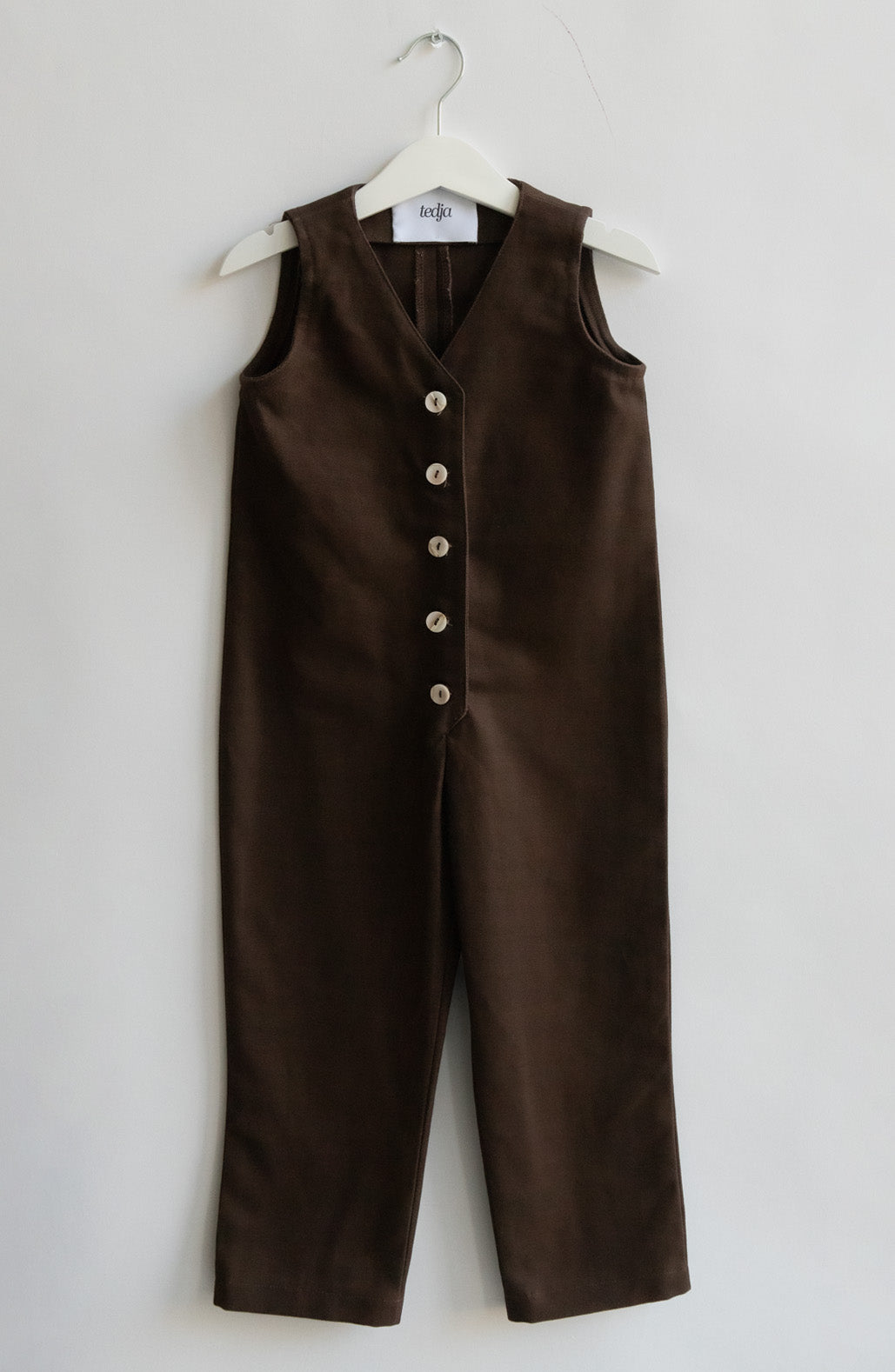 Dark Brown umber chocolate color Kids Mini Jumpsuit overall workwear cotton canvas 5 buttons v-neck OEKO-TEX sustainable clothes handmade