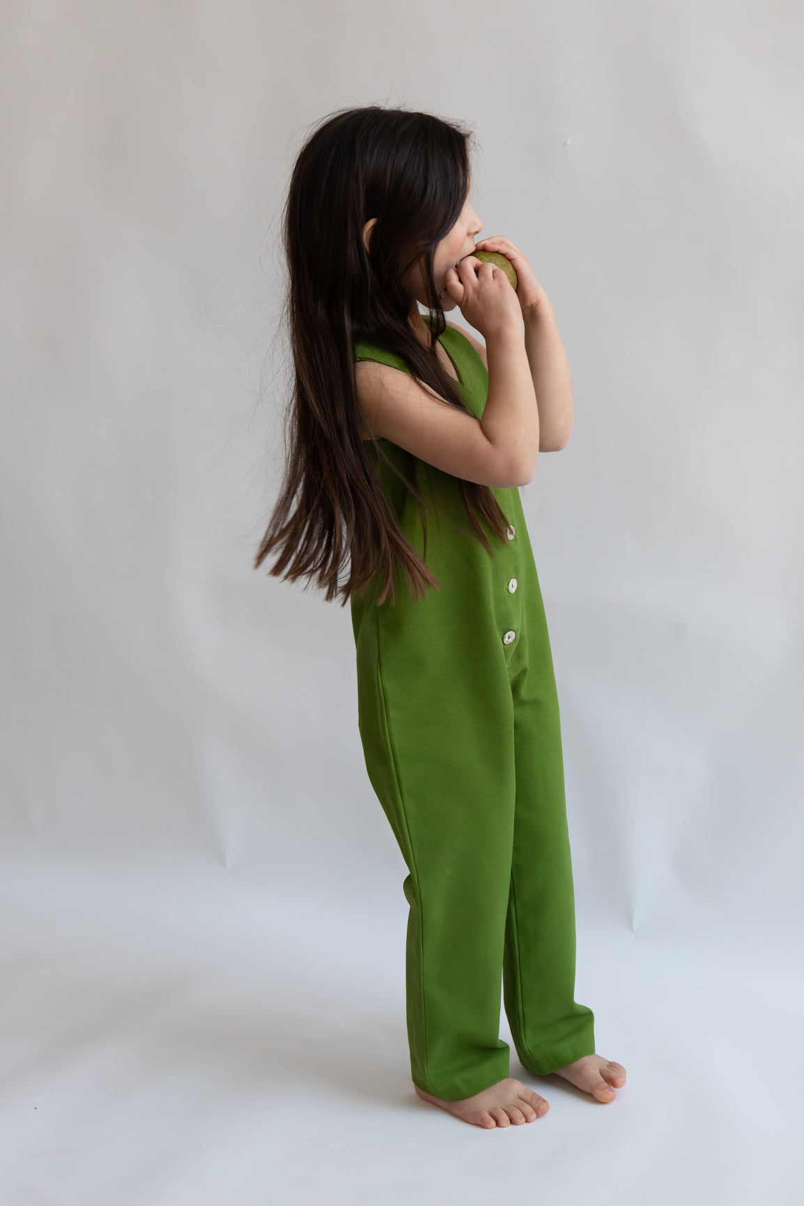 Green pear color Kids Mini Jumpsuit overall workwear cotton canvas with pockets 5 buttons v-neck OEKO-TEX sustainable clothes handmade