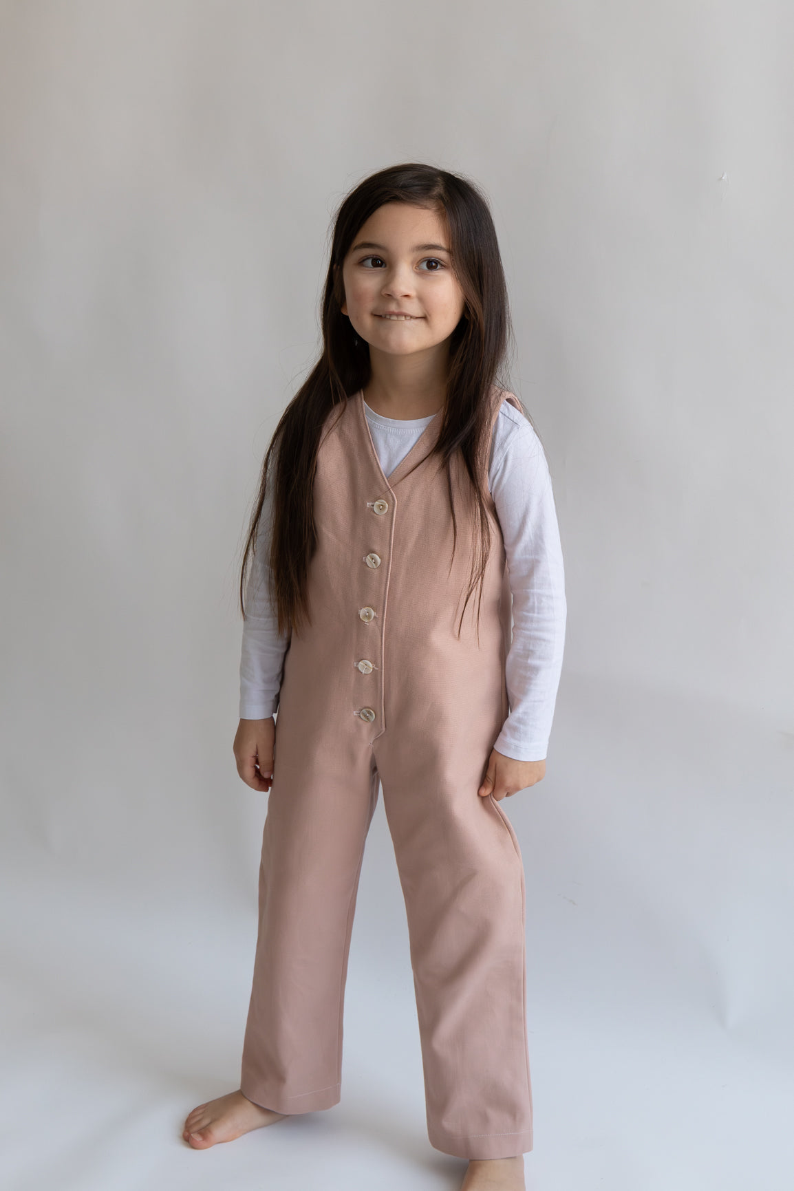soft pink pastel pink tea rose color Kids Mini Jumpsuit overall workwear cotton canvas 5 buttons v-neck OEKO-TEX sustainable clothes handmade