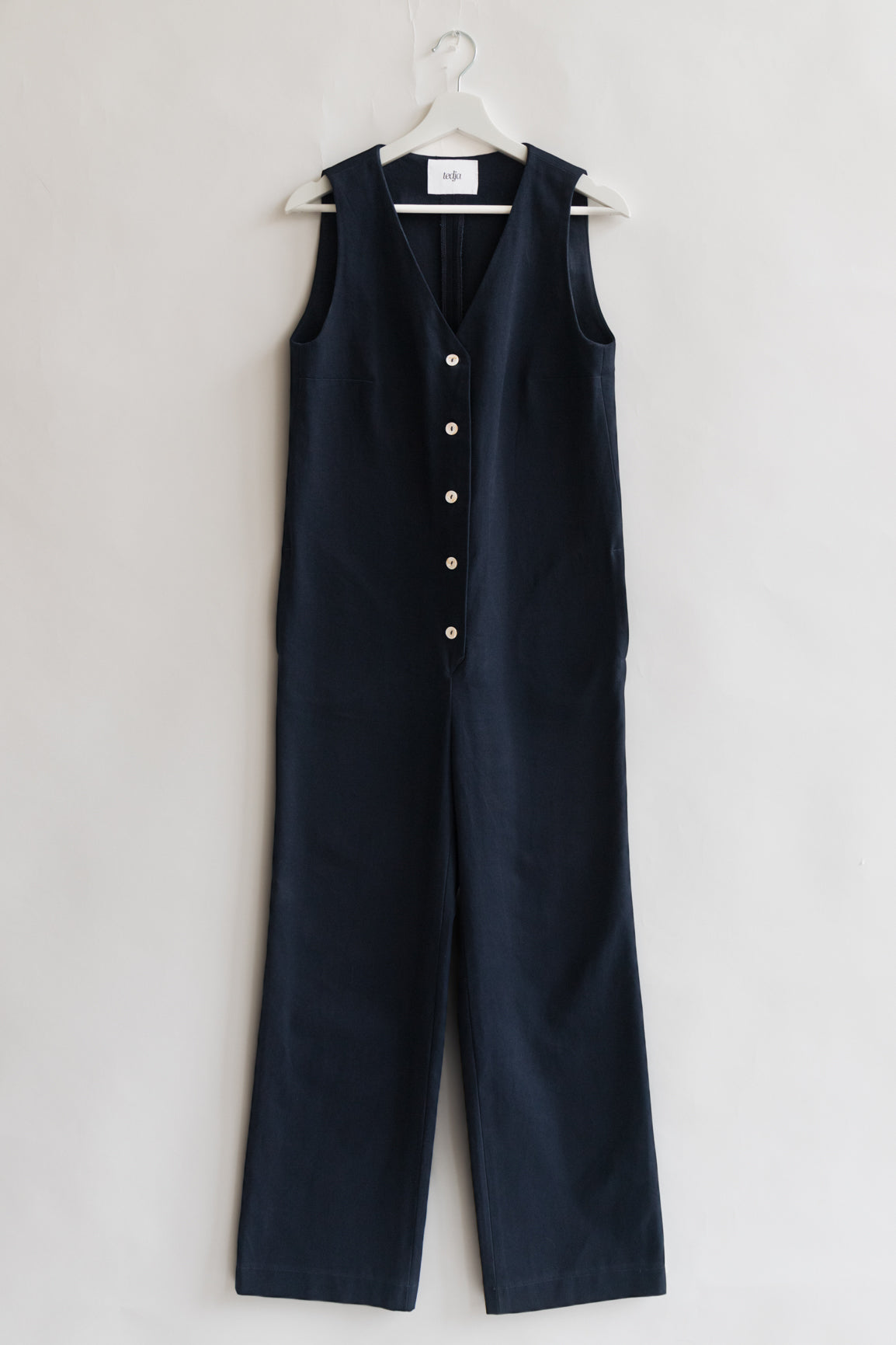 Navy dark blue color Jumpsuit overall workwear cotton canvas with pockets 5 buttons v-neck tall girls short girls oeko-tex sustainable clothes handmade