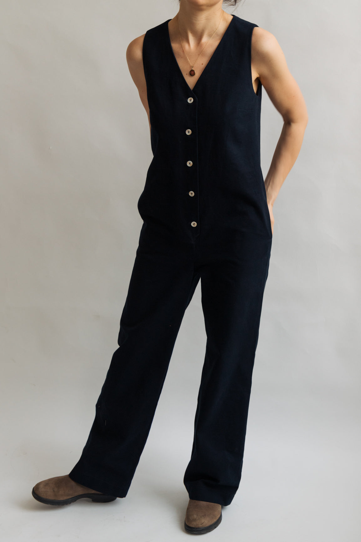 Navy dark blue color Jumpsuit overall workwear cotton canvas with pockets 5 buttons v-neck tall girls short girls oeko-tex sustainable clothes handmade