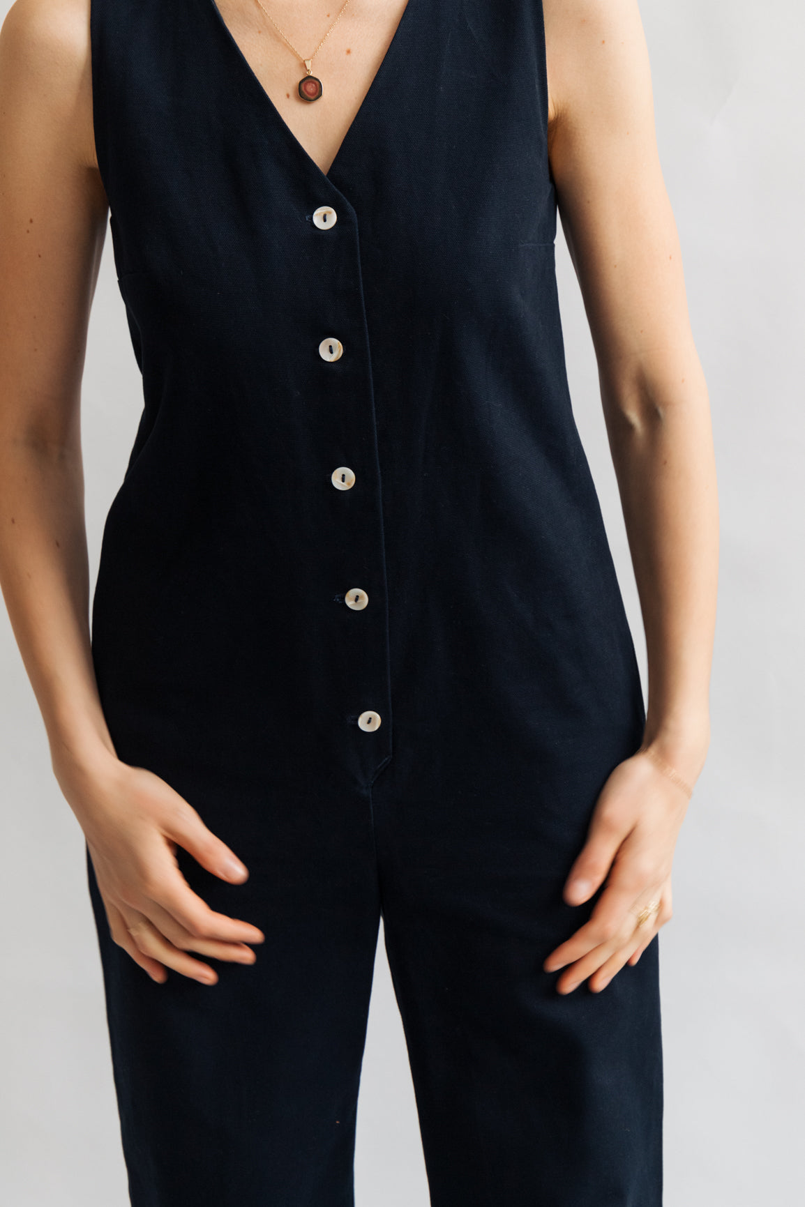 Navy dark blue color Jumpsuit overall workwear cotton canvas with pockets 5 buttons v-neck tall girls short girls oeko-tex sustainable clothes handmade