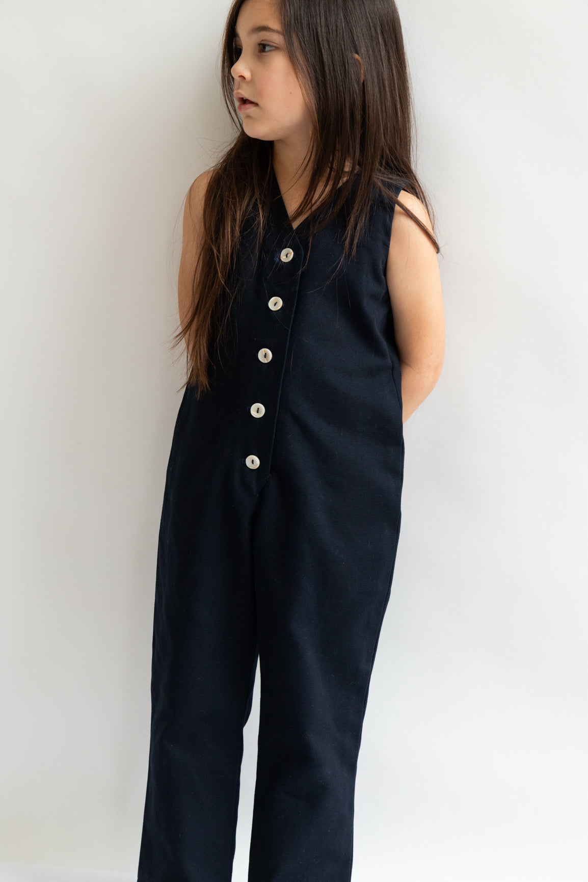 Navy dark blue color Kids Mini Jumpsuit overall workwear cotton canvas 5 buttons v-neck OEKO-TEX sustainable clothes handmade