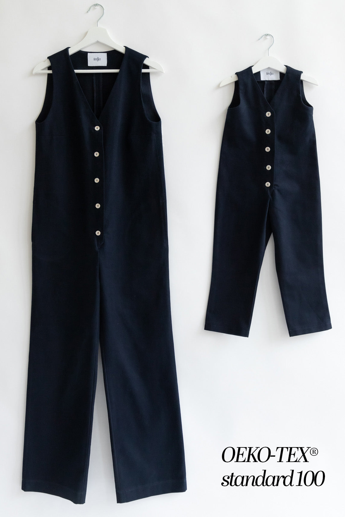 Navy dark blue color Kids Mini Jumpsuit overall workwear cotton canvas 5 buttons v-neck OEKO-TEX sustainable clothes handmade