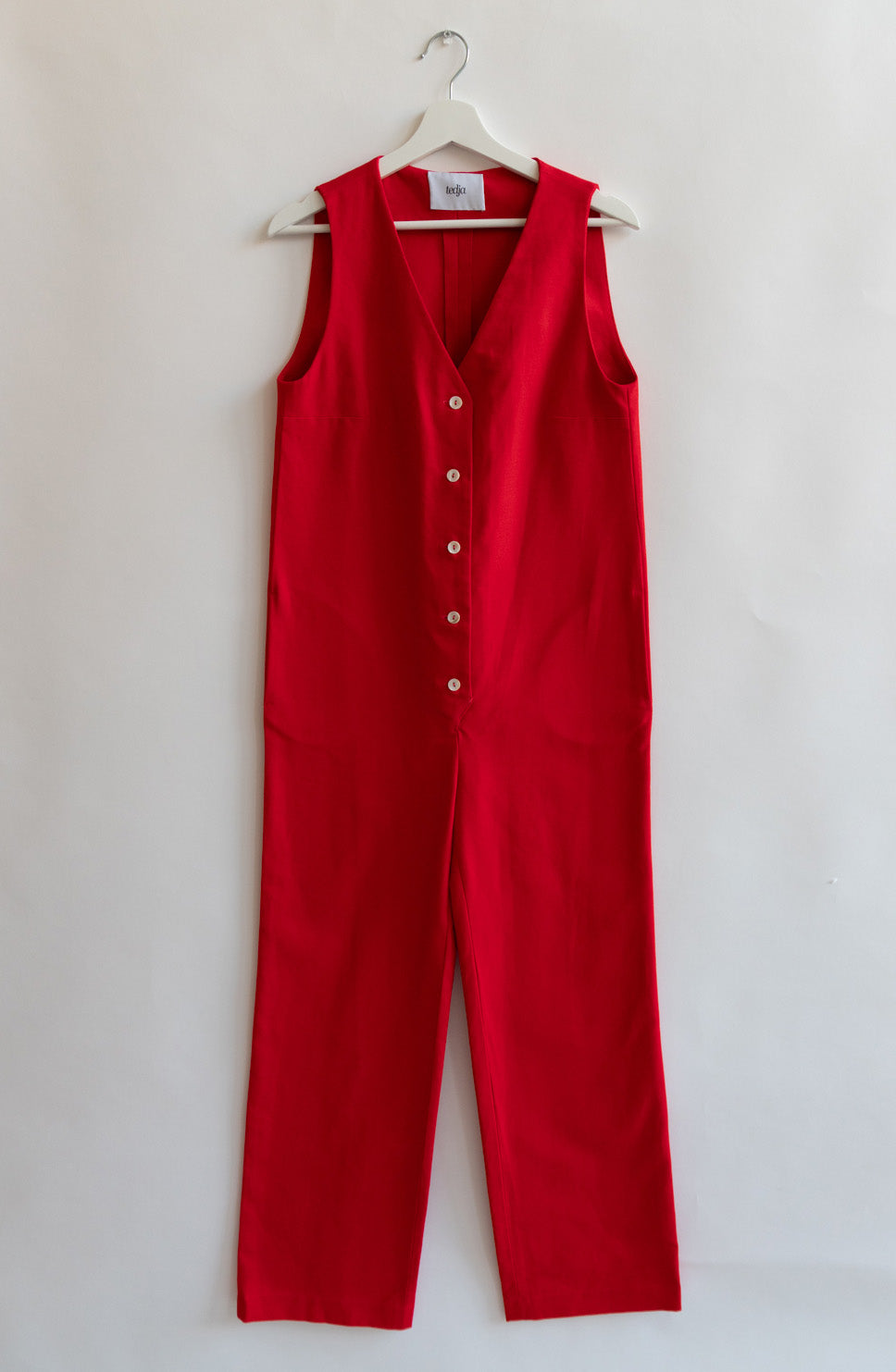 red color Jumpsuit overall workwear cotton canvas with pockets 5 buttons v-neck tall girls short girls oeko-tex sustainable clothes handmade