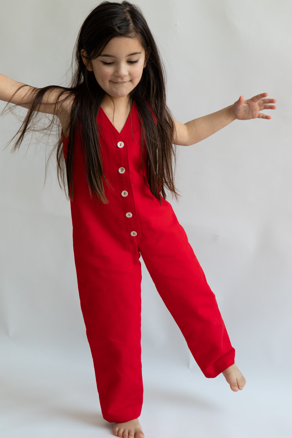 red color Kids Mini Jumpsuit overall workwear cotton canvas 5 buttons v-neck OEKO-TEX sustainable clothes handmade