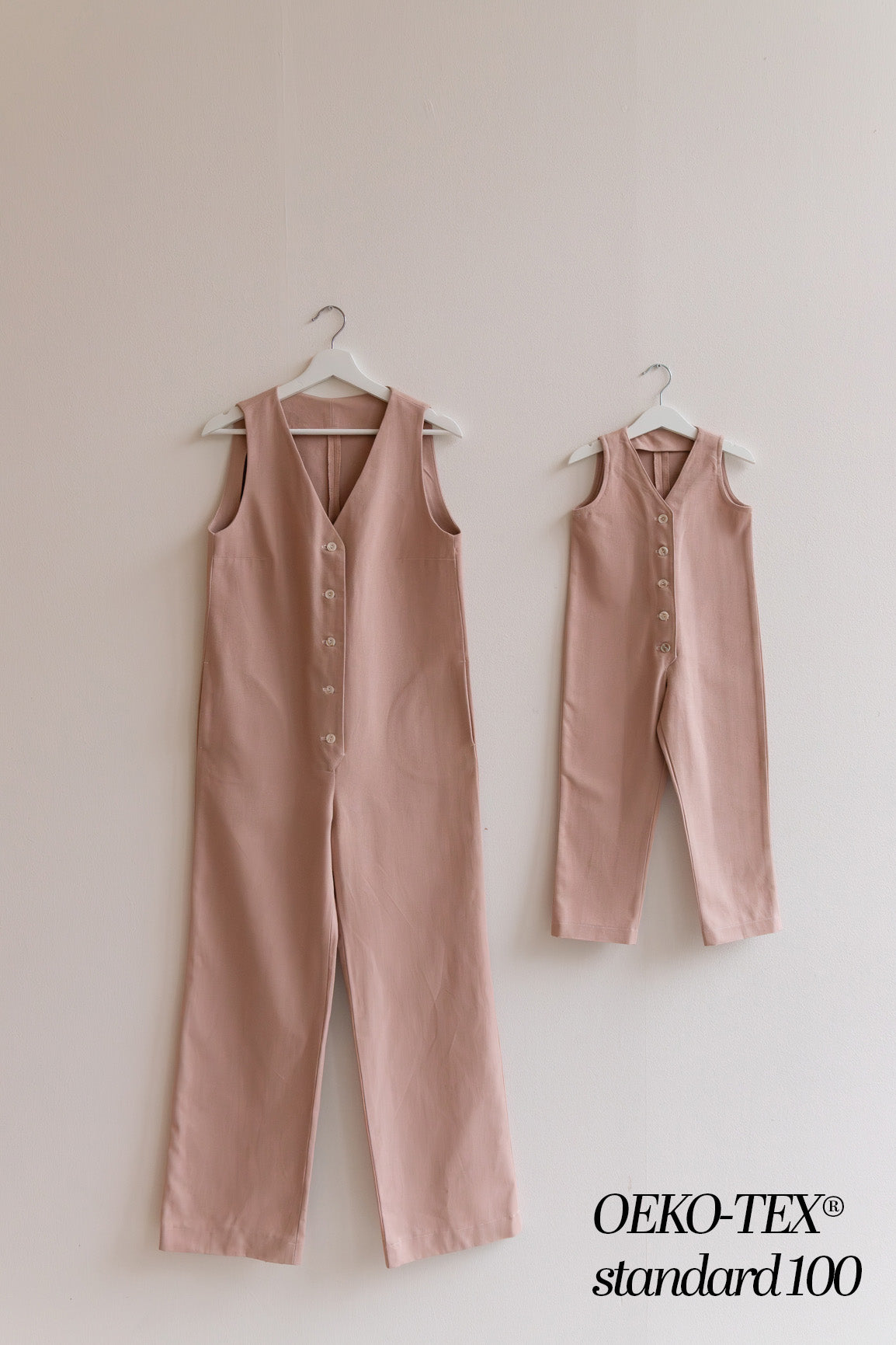 soft pink pastel pink tea rose color Kids Mini Jumpsuit overall workwear cotton canvas 5 buttons v-neck OEKO-TEX sustainable clothes handmade