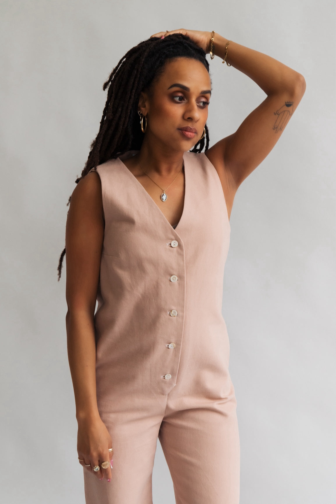 soft pink pastel pink tea rose color Jumpsuit overall workwear cotton canvas with pockets 5 buttons v-neck tall girls short girls oeko-tex sustainable clothes handmade