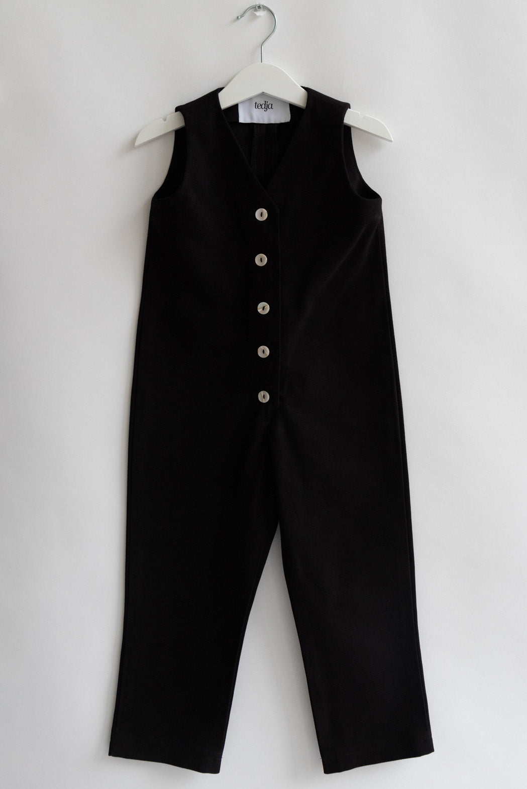 Black color Kids Mini Jumpsuit overall workwear cotton canvas with pockets 5 buttons v-neck OEKO-TEX sustainable clothes handmade